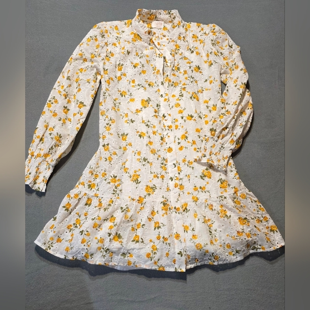 NWT FATE White and Yellow Eyelet Floral Long Sleeve Dress S/M/L Available - Picture 2 of 11